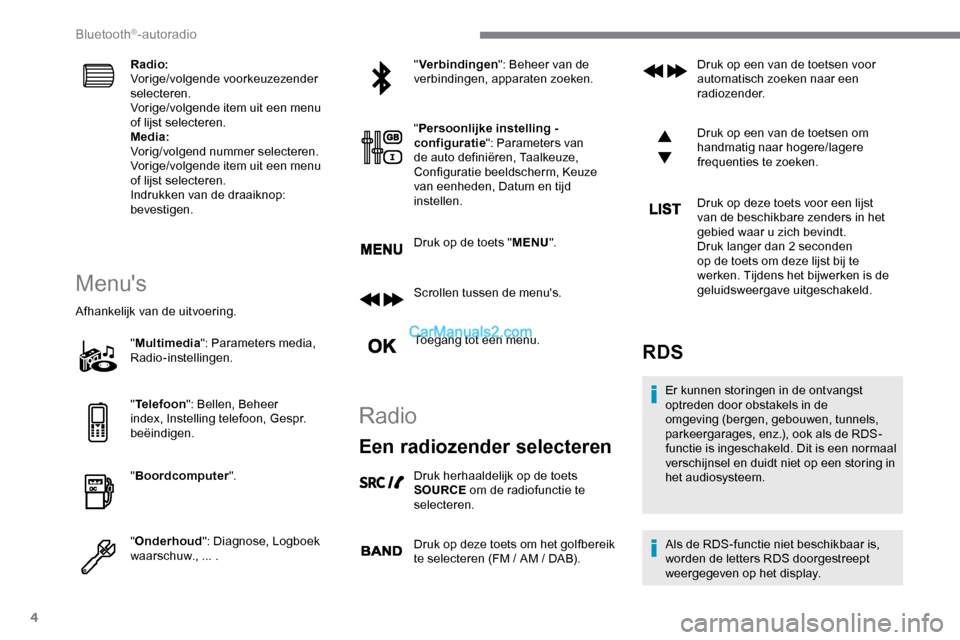 Peugeot Expert 2019 Handleiding (in Dutch) 4
Radio:
Vorige/volgende voorkeuzezender
selecteren.
Vorige/volgende item uit een menu
of lijst selecteren.
Media:
Vorig/volgend nummer selecteren.
Vorige/volgende item uit een menu
of lijst select Peugeot Expert 2019 Handleiding (in Dutch) 4
Radio:
Vorige/volgende voorkeuzezender
selecteren.
Vorige/volgende item uit een menu
of lijst selecteren.
Media:
Vorig/volgend nummer selecteren.
Vorige/volgende item uit een menu
of lijst select