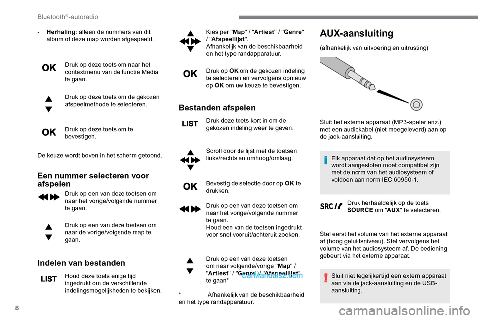Peugeot Expert 2019 Handleiding (in Dutch) 8
- Herhaling: alleen de nummers van dit
album of deze map worden afgespeeld.
Druk op deze toets om naar het
contextmenu van de functie Media
te gaan.
Druk op deze toets om de gekozen
afspeelmetho Peugeot Expert 2019 Handleiding (in Dutch) 8
- Herhaling: alleen de nummers van dit
album of deze map worden afgespeeld.
Druk op deze toets om naar het
contextmenu van de functie Media
te gaan.
Druk op deze toets om de gekozen
afspeelmetho