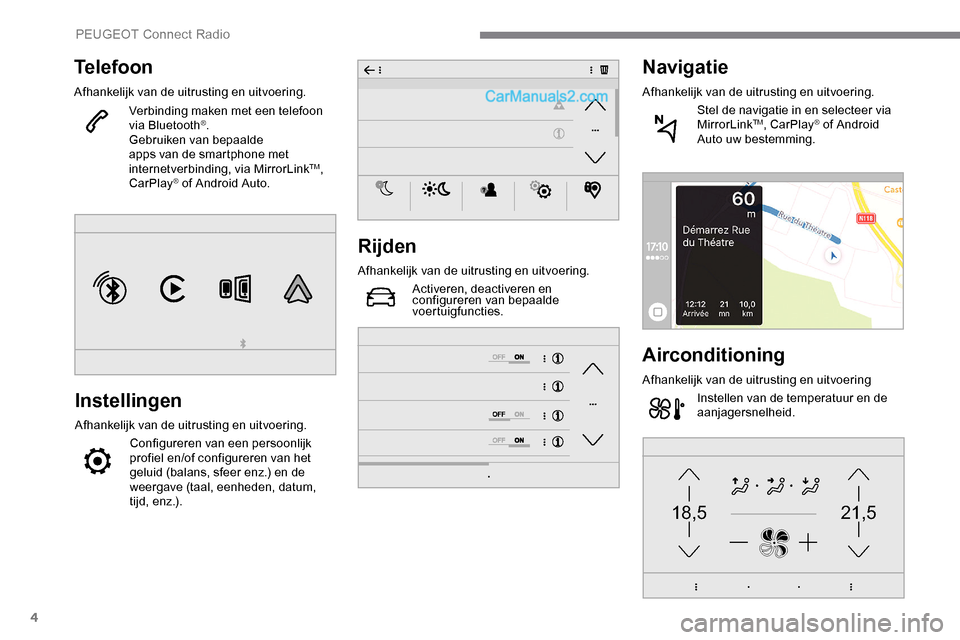 Peugeot Expert 2019  Handleiding (in Dutch) 4
21,518,5
Telefoon
Afhankelijk van de uitrusting en uitvoering.Verbinding maken met een telefoon 
via Bluetooth
®.
Gebruiken van bepaalde 
apps van de smartphone met 
internetverbinding, via MirrorL