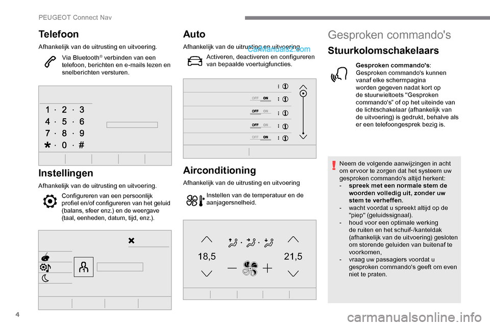 Peugeot Expert 2019  Handleiding (in Dutch) 4
21,518,5
Telefoon
Afhankelijk van de uitrusting en uitvoering.Via Bluetooth
® verbinden van een 
telefoon, berichten en e-mails lezen en 
snelberichten versturen.
Instellingen
Afhankelijk van de ui