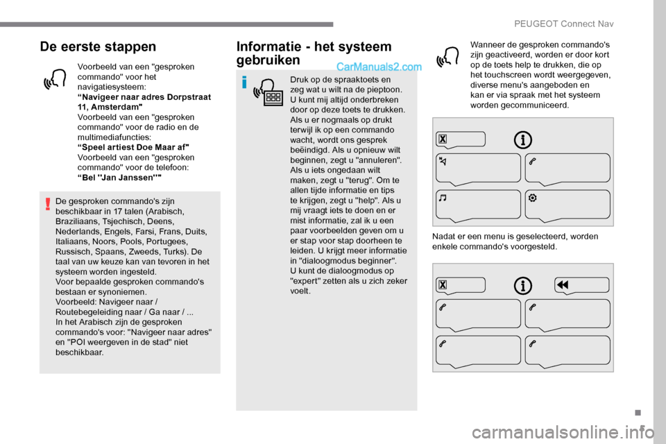 Peugeot Expert 2019  Handleiding (in Dutch) 5
De eerste stappen
Voorbeeld van een "gesproken 
commando" voor het 
navigatiesysteem:
“Navigeer naar adres Dorpstraat 
11, Amsterdam"
Voorbeeld van een "gesproken 
commando" voor de radio en de 
m