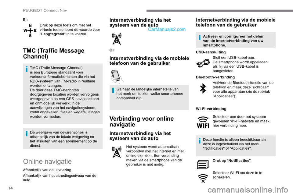 Peugeot Expert 2019 Handleiding (in Dutch) 14
EnDruk op deze toets om met het
virtuele toetsenbord de waarde voor
"Lengtegraad " in te voeren.
TMC (Traffic Message
Channel)
TMC (Trafic Message Channel)
is een Europese standaard voor
verke Peugeot Expert 2019 Handleiding (in Dutch) 14
EnDruk op deze toets om met het
virtuele toetsenbord de waarde voor
"Lengtegraad " in te voeren.
TMC (Traffic Message
Channel)
TMC (Trafic Message Channel)
is een Europese standaard voor
verke