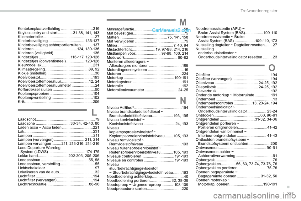 Peugeot Expert 2019 Handleiding (in Dutch) 235
MMassagefunctie ...............................................58
Mat bevestigen ................................................ 75
Matten
............................................. 75, 14 Peugeot Expert 2019 Handleiding (in Dutch) 235
MMassagefunctie ...............................................58
Mat bevestigen ................................................ 75
Matten
............................................. 75, 14