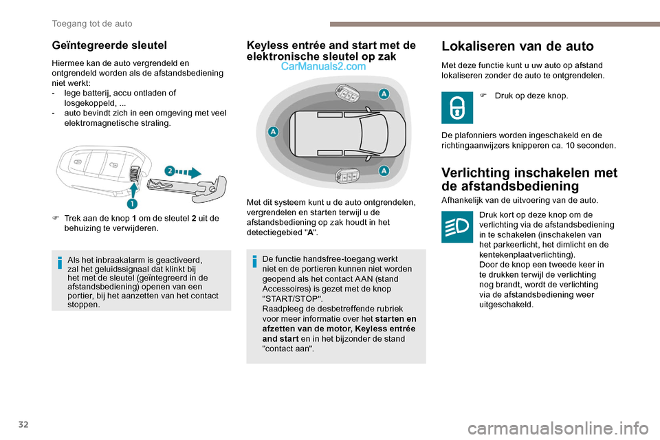 Peugeot Expert 2019  Handleiding (in Dutch) 32
Geïntegreerde sleutel
Hiermee kan de auto vergrendeld en 
ontgrendeld worden als de afstandsbediening 
niet werkt:
- 
l
 ege batterij, accu ontladen of  
losgekoppeld, ...
-
 
a
 uto bevindt zich 