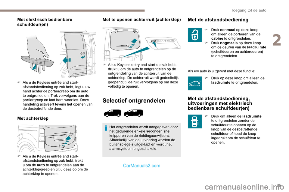 Peugeot Expert 2019 Handleiding (in Dutch) 35
Met elektrisch bedienbare
schuifdeur(en)
Met achterklepMet te openen achterruit (achterklep)
F Als u Keyless entry and start op zak hebt,
drukt u om de auto te ontgrendelen op de
ontgrendeling v Peugeot Expert 2019 Handleiding (in Dutch) 35
Met elektrisch bedienbare
schuifdeur(en)
Met achterklepMet te openen achterruit (achterklep)
F Als u Keyless entry and start op zak hebt,
drukt u om de auto te ontgrendelen op de
ontgrendeling v
