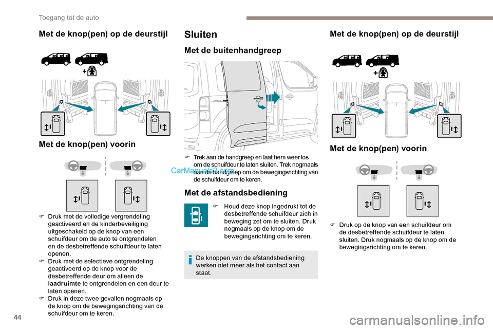 Peugeot Expert 2019 Handleiding (in Dutch) 44
Met de knop(pen) op de deurstijl
Met de knop(pen) voorin
F Druk met de volledige vergrendeling geactiveerd en de kinderbeveiliging
uitgeschakeld op de knop van een
schuifdeur om de auto te ontgr Peugeot Expert 2019 Handleiding (in Dutch) 44
Met de knop(pen) op de deurstijl
Met de knop(pen) voorin
F Druk met de volledige vergrendeling geactiveerd en de kinderbeveiliging
uitgeschakeld op de knop van een
schuifdeur om de auto te ontgr