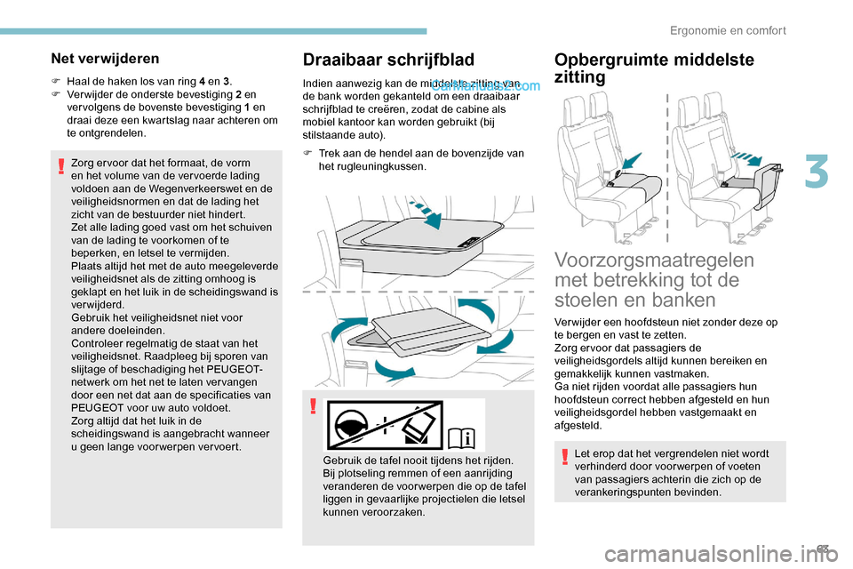 Peugeot Expert 2019 Handleiding (in Dutch) 63
Net verwijderen
F Haal de haken los van ring 4 en 3.
F V erwijder de onderste bevestiging 2 en
ver volgens de bovenste bevestiging 1 en
draai deze een kwartslag naar achteren om
te ontgrendelen Peugeot Expert 2019 Handleiding (in Dutch) 63
Net verwijderen
F Haal de haken los van ring 4 en 3.
F V erwijder de onderste bevestiging 2 en
ver volgens de bovenste bevestiging 1 en
draai deze een kwartslag naar achteren om
te ontgrendelen