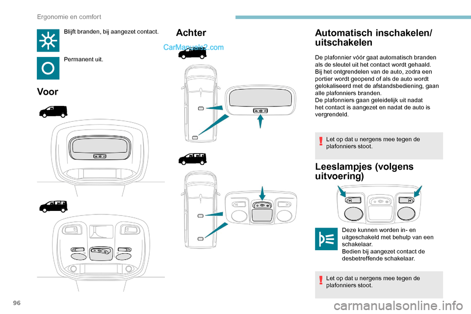 Peugeot Expert 2019 Handleiding (in Dutch) 96
Blijft branden, bij aangezet contact.
Permanent uit.
VoorAchter
Let op dat u nergens mee tegen de
plafonniers stoot.
Leeslampjes (volgens
uit voering)
Automatisch inschakelen/
uitschakelen
Deze k Peugeot Expert 2019 Handleiding (in Dutch) 96
Blijft branden, bij aangezet contact.
Permanent uit.
VoorAchter
Let op dat u nergens mee tegen de
plafonniers stoot.
Leeslampjes (volgens
uit voering)
Automatisch inschakelen/
uitschakelen
Deze k