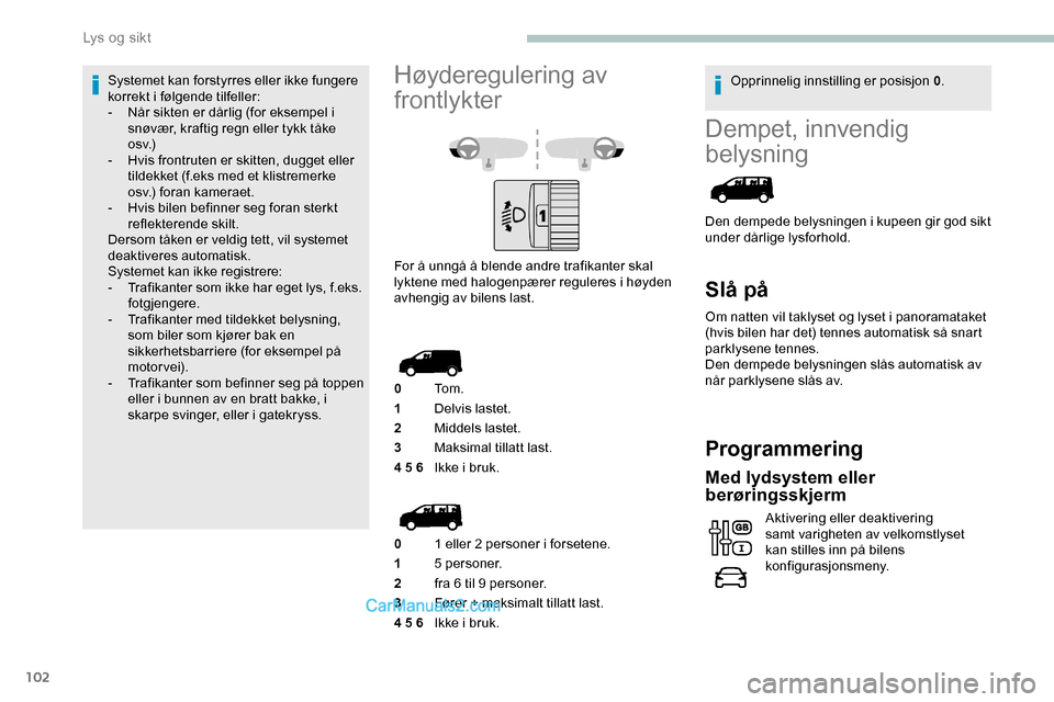 Peugeot Expert 2019 Brukerhåndbok (in Norwegian) 102
Dempet, innvendig
belysning
Den dempede belysningen i kupeen gir god sikt
under dårlige lysforhold.
Slå på
Om natten vil taklyset og lyset i panoramataket
(hvis bilen har det) tennes automat Peugeot Expert 2019 Brukerhåndbok (in Norwegian) 102
Dempet, innvendig
belysning
Den dempede belysningen i kupeen gir god sikt
under dårlige lysforhold.
Slå på
Om natten vil taklyset og lyset i panoramataket
(hvis bilen har det) tennes automat