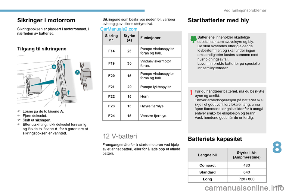Peugeot Expert 2019 Brukerhåndbok (in Norwegian) 219
Sikringer i motorrom
Sikringsboksen er plassert i motorrommet, i
nærheten av batteriet.
Tilgang til sikringene
F Løsne på de to låsene A.
F F jern dekselet.
F
Sk
ift ut sikringen.
F
E
Peugeot Expert 2019 Brukerhåndbok (in Norwegian) 219
Sikringer i motorrom
Sikringsboksen er plassert i motorrommet, i
nærheten av batteriet.
Tilgang til sikringene
F Løsne på de to låsene A.
F F jern dekselet.
F
Sk
ift ut sikringen.
F
E