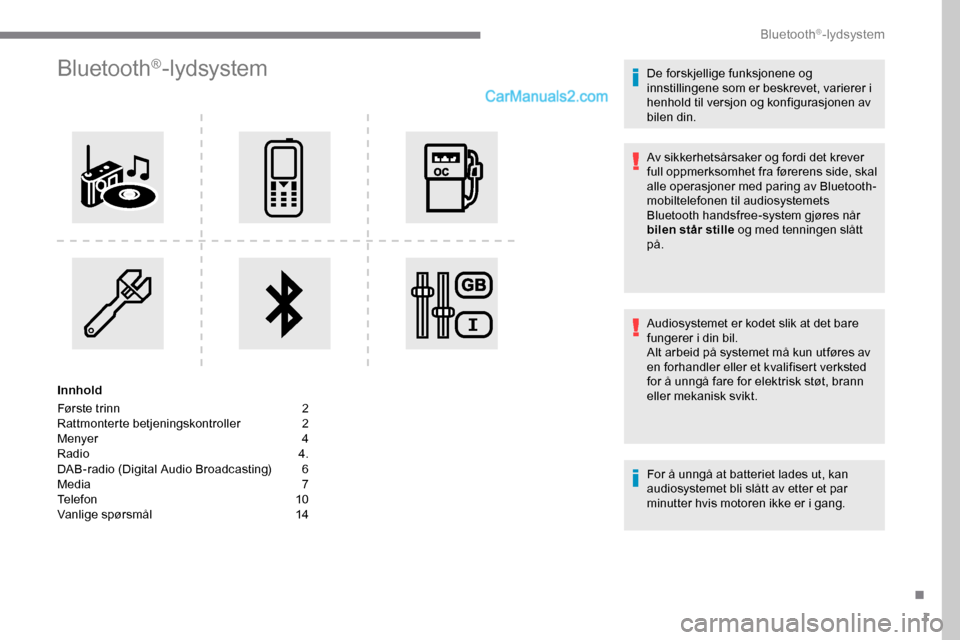 Peugeot Expert 2019 Brukerhåndbok (in Norwegian) 1
Bluetooth®-lydsystem
Innhold
Første trinn
2
Ra
ttmonterte betjeningskontroller
2
M
enyer
4
R
adio
4
.
DAB-radio (Digital Audio Broadcasting)
6
M
edia
7
T
elefon
1
0
Vanl Peugeot Expert 2019 Brukerhåndbok (in Norwegian) 1
Bluetooth®-lydsystem
Innhold
Første trinn
2
Ra
ttmonterte betjeningskontroller
2
M
enyer
4
R
adio
4
.
DAB-radio (Digital Audio Broadcasting)
6
M
edia
7
T
elefon
1
0
Vanl