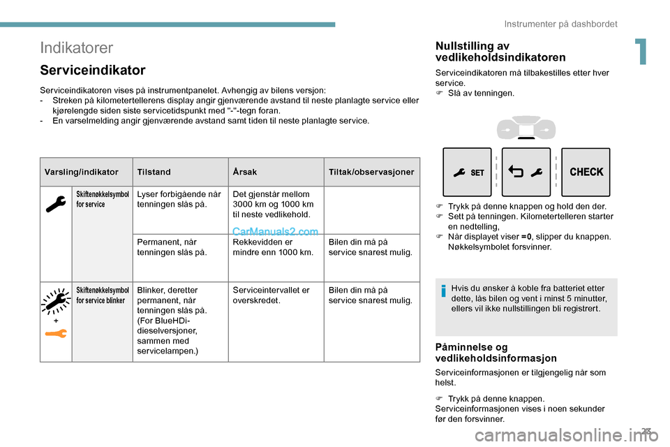 Peugeot Expert 2019  Brukerhåndbok (in Norwegian) 23
Indikatorer
Serviceindikator
Serviceindikatoren vises på instrumentpanelet. Avhengig av bilens versjon:
- Streken på kilometertellerens display angir gjenværende avstand til neste planlagte serv