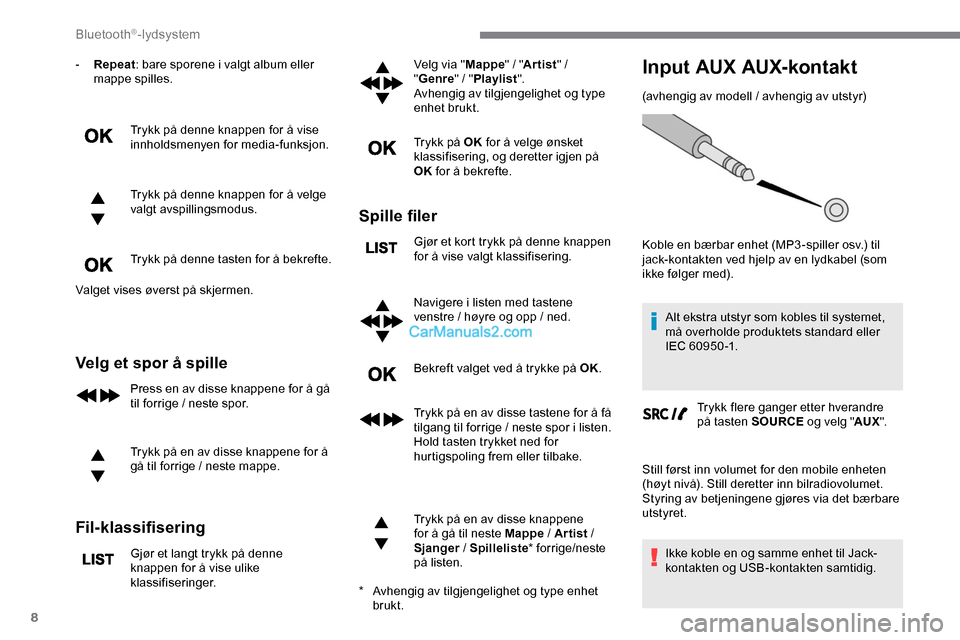 Peugeot Expert 2019  Brukerhåndbok (in Norwegian) 8
- Repeat: bare sporene i valgt album eller 
mappe spilles.
Trykk på denne knappen for å vise 
innholdsmenyen for media-funksjon.
Trykk på denne knappen for å velge 
valgt avspillingsmodus.
Trykk