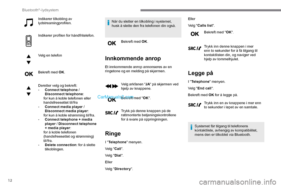 Peugeot Expert 2019  Brukerhåndbok (in Norwegian) 12
Indikerer tilkobling av 
lydstreamingprofilen.
Indikerer profilen for håndfritelefon.
Velg en telefon
Bekreft med OK.
Deretter velg og bekreft:
- 
C
 onnect telephone  / 
Disconnect telephone :
fo