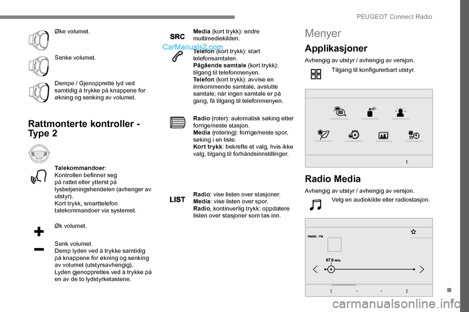 Peugeot Expert 2019 Brukerhåndbok (in Norwegian) 3
Øke volumet.
Senke volumet.
Dempe / Gjenopprette lyd ved
samtidig å trykke på knappene for
økning og senking av volumet.
Rattmonterte kontroller -
Ty p e 2
Talekommandoer:
Kontrollen befinn Peugeot Expert 2019 Brukerhåndbok (in Norwegian) 3
Øke volumet.
Senke volumet.
Dempe / Gjenopprette lyd ved
samtidig å trykke på knappene for
økning og senking av volumet.
Rattmonterte kontroller -
Ty p e 2
Talekommandoer:
Kontrollen befinn