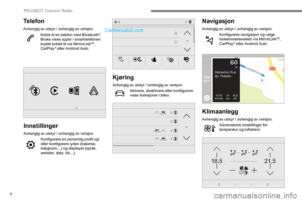 Peugeot Expert 2019 Brukerhåndbok (in Norwegian) 4
21,518,5
Telefon
Avhengig av utstyr / avhengig av versjon.
Koble til en telefon med Bluetooth®.
Bruke visse apper i smarttelefonen
koplet koblet til via MirrorLink
TM,
CarPlay® eller Android Aut Peugeot Expert 2019 Brukerhåndbok (in Norwegian) 4
21,518,5
Telefon
Avhengig av utstyr / avhengig av versjon.
Koble til en telefon med Bluetooth®.
Bruke visse apper i smarttelefonen
koplet koblet til via MirrorLink
TM,
CarPlay® eller Android Aut