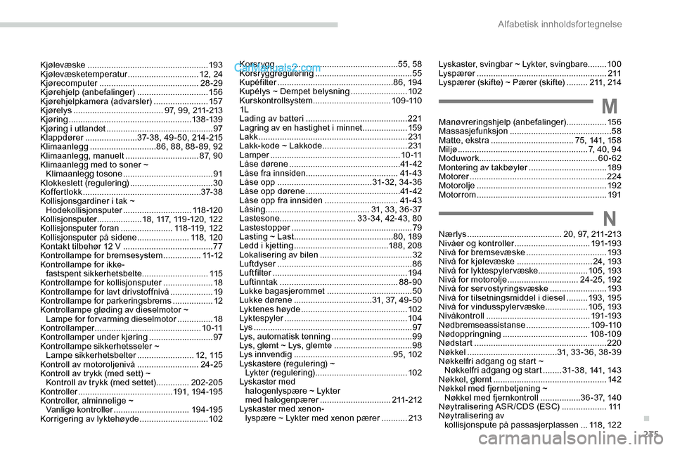 Peugeot Expert 2019  Brukerhåndbok (in Norwegian) 235
Korsrygg .................................................... 55, 58
Korsryggregulering  ......................................... 55
Kupéfilter
 

...............................................