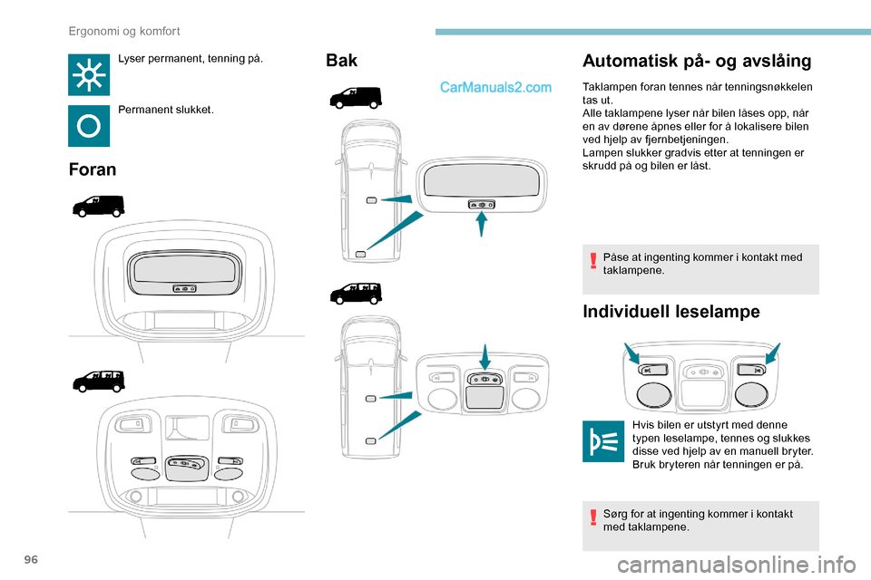 Peugeot Expert 2019  Brukerhåndbok (in Norwegian) 96
Lyser permanent, tenning på.
Permanent slukket.
ForanBak
Påse at ingenting kommer i kontakt med 
taklampene.
Individuell leselampe
Automatisk på- og avslåing
Hvis bilen er utstyrt med denne 
ty