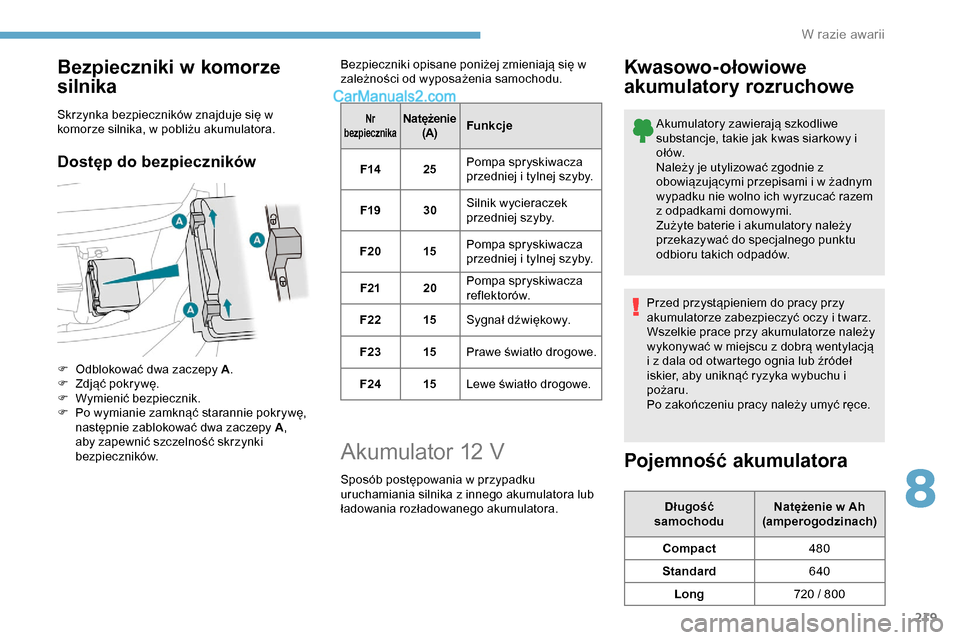 Peugeot Expert 2019  Instrukcja Obsługi (in Polish) 219
Bezpieczniki w komorze 
silnika
Skrzynka bezpieczników znajduje się w 
komorze silnika, w pobliżu akumulatora.
Dostęp do bezpieczników
F Odblokować dwa zaczepy A.
F  Z djąć pokrywę.
F
 
W