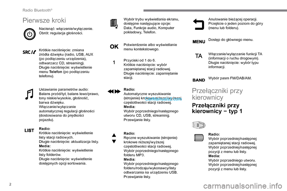 Peugeot Expert 2019 Instrukcja Obsługi (in Polish) 2
Pierwsze kroki
Nacisnąć: włączenie/wyłączenie.
Obrót: regulacja głośności.
Krótkie naciśnięcie: zmiana
źródła dźwięku (radio, USB, AUX
(po podłączeniu urządzenia),
odtwarzacz Peugeot Expert 2019 Instrukcja Obsługi (in Polish) 2
Pierwsze kroki
Nacisnąć: włączenie/wyłączenie.
Obrót: regulacja głośności.
Krótkie naciśnięcie: zmiana
źródła dźwięku (radio, USB, AUX
(po podłączeniu urządzenia),
odtwarzacz