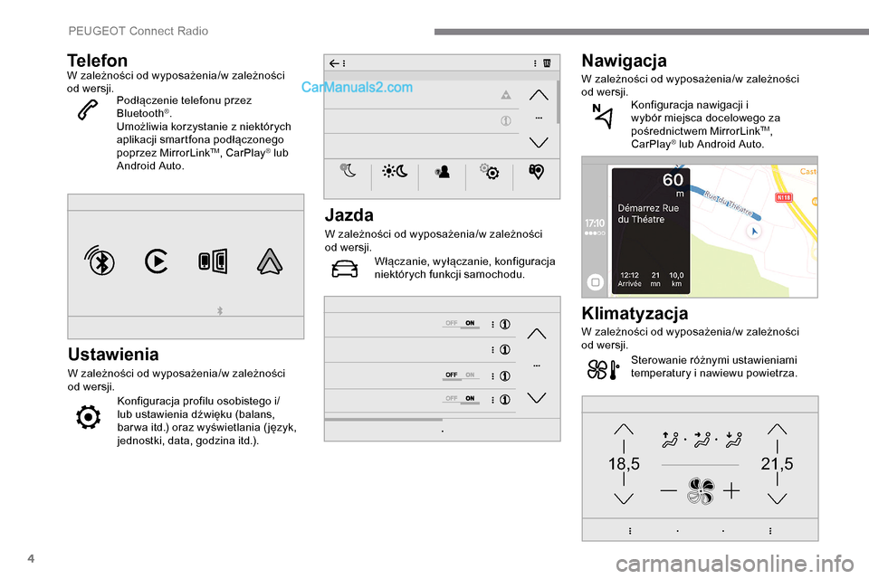 Peugeot Expert 2019  Instrukcja Obsługi (in Polish) 4
21,518,5
TelefonW zależności od wyposażenia/w zależności 
od wersji.Podłączenie telefonu przez 
Bluetooth
®.
Umożliwia korzystanie z niektórych 
aplikacji smartfona podłączonego 
poprzez