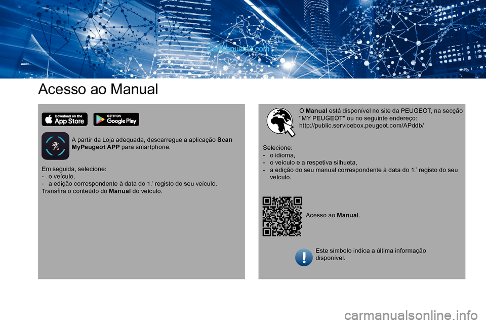 Peugeot Expert 2019  Manual do proprietário (in Portuguese) Acesso ao Manual
A partir da Loja adequada, descarregue a aplicação Scan 
MyPeugeot APP para smartphone.
Acesso ao Manual.
O Manual
 está disponível no site da PEUGEOT, na secção 
"MY PEUGEOT" o