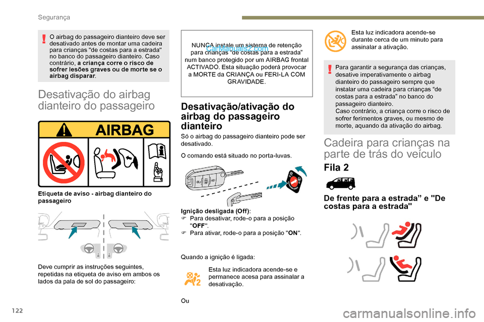Peugeot Expert 2019  Manual do proprietário (in Portuguese) 122
Desativação do airbag 
dianteiro do passageiro
Deve cumprir as instruções seguintes, 
repetidas na etiqueta de aviso em ambos os 
lados da pala de sol do passageiro:NUNCA instale um sistema de