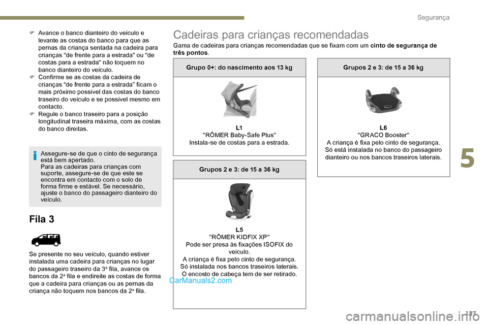 Peugeot Expert 2019  Manual do proprietário (in Portuguese) 123
F Avance o banco dianteiro do veículo e levante as costas do banco para que as 
pernas da criança sentada na cadeira para 
crianças "de frente para a estrada" ou "de 
costas para a estrada" nã