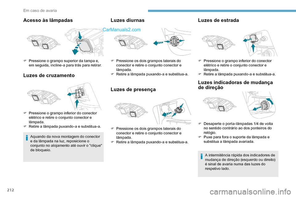 Peugeot Expert 2019 Manual do proprietário (in Portuguese) 212
Acesso às lâmpadas
Luzes de cruzamento
Aquando da nova montagem do conector
e da lâmpada na luz, reposicione o
conjunto no alojamento até ouvir o "clique"
de bloqueio.
Luzes diurnas
Luzes d Peugeot Expert 2019 Manual do proprietário (in Portuguese) 212
Acesso às lâmpadas
Luzes de cruzamento
Aquando da nova montagem do conector
e da lâmpada na luz, reposicione o
conjunto no alojamento até ouvir o "clique"
de bloqueio.
Luzes diurnas
Luzes d