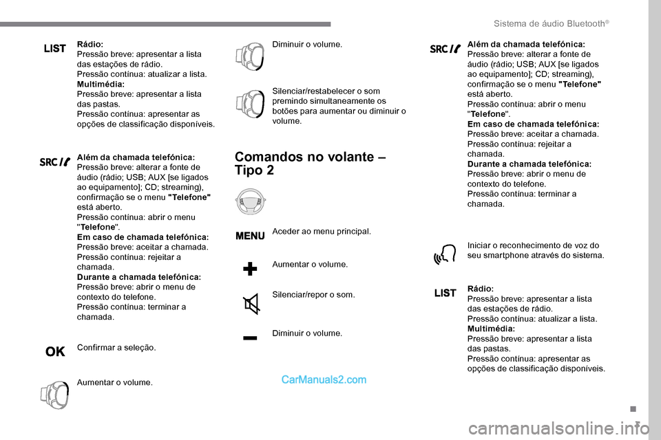 Peugeot Expert 2019 Manual do proprietário (in Portuguese) 3
Rádio:
Pressão breve: apresentar a lista
das estações de rádio.
Pressão contínua: atualizar a lista.
Multimédia:
Pressão breve: apresentar a lista
das pastas.
Pressão contínua: apresent Peugeot Expert 2019 Manual do proprietário (in Portuguese) 3
Rádio:
Pressão breve: apresentar a lista
das estações de rádio.
Pressão contínua: atualizar a lista.
Multimédia:
Pressão breve: apresentar a lista
das pastas.
Pressão contínua: apresent