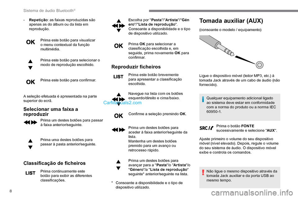 Peugeot Expert 2019  Manual do proprietário (in Portuguese) 8
- Repetição: as faixas reproduzidas são 
apenas as do álbum ou da lista em 
reprodução.
Prima este botão para visualizar 
o menu contextual da função 
multimédia.
Prima este botão para se
