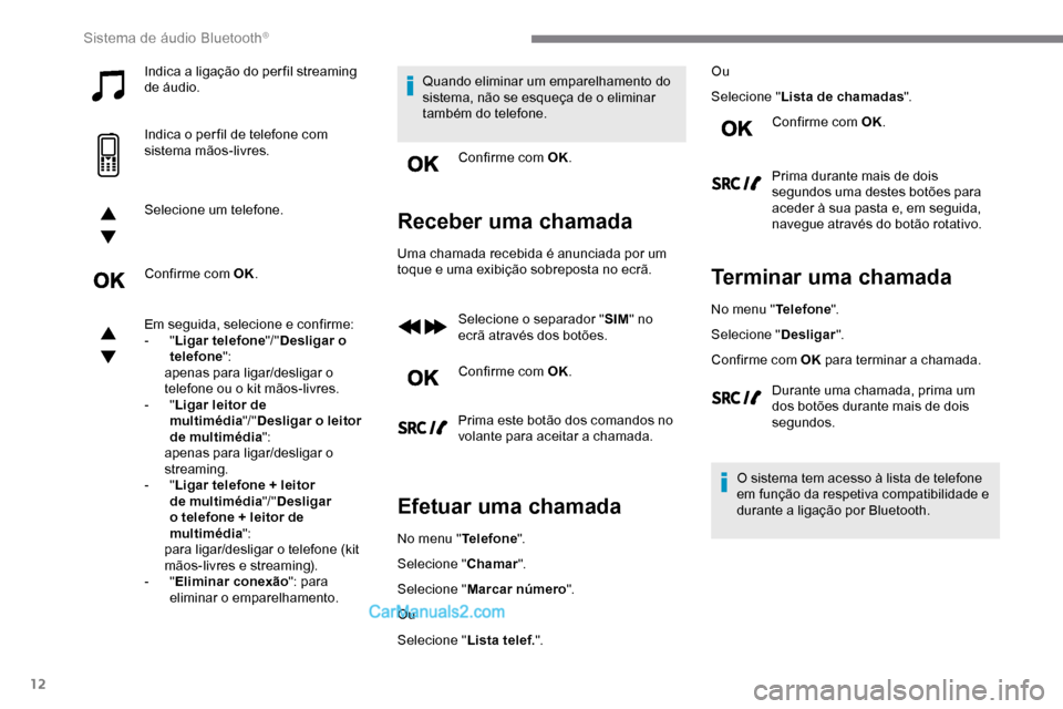Peugeot Expert 2019  Manual do proprietário (in Portuguese) 12
Indica a ligação do per fil streaming 
de áudio.
Indica o per fil de telefone com 
sistema mãos-livres.
Selecione um telefone.
Confirme com OK.
Em seguida, selecione e confirme:
-  "Ligar telef