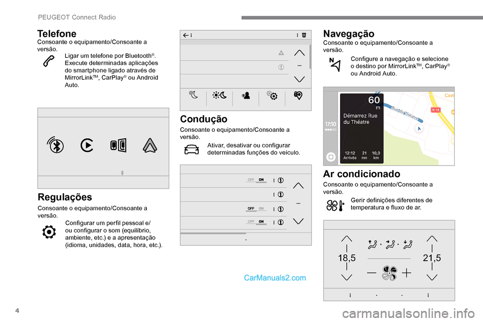 Peugeot Expert 2019  Manual do proprietário (in Portuguese) 4
21,518,5
TelefoneConsoante o equipamento/Consoante a 
versão.Ligar um telefone por Bluetooth
®.
Execute determinadas aplicações 
do smartphone ligado através de 
MirrorLink
TM, CarPlay® ou And