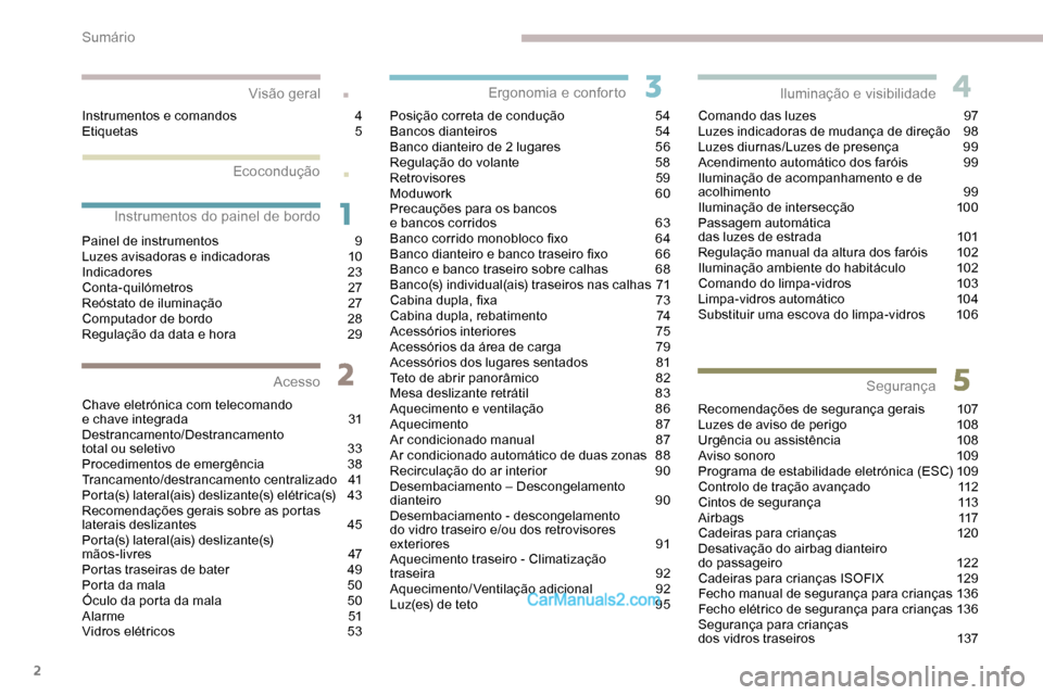 Peugeot Expert 2019  Manual do proprietário (in Portuguese) 2
.
.
Painel de instrumentos 9
L uzes avisadoras e indicadoras  1 0
Indicadores
 

23
Conta-quilómetros
 2

7
Reóstato de iluminação
 
2
 7
Computador de bordo
 
2
 8
Regulação da data e hora
 
