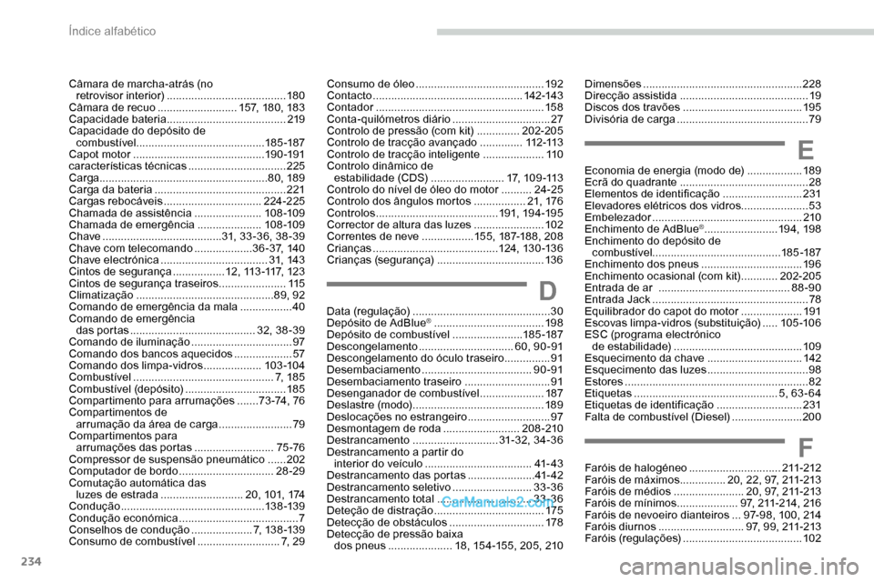 Peugeot Expert 2019  Manual do proprietário (in Portuguese) 234
Dimensões .................................................... 228
Direcção assistida  .......................................... 19
Discos dos travões
 

.....................................