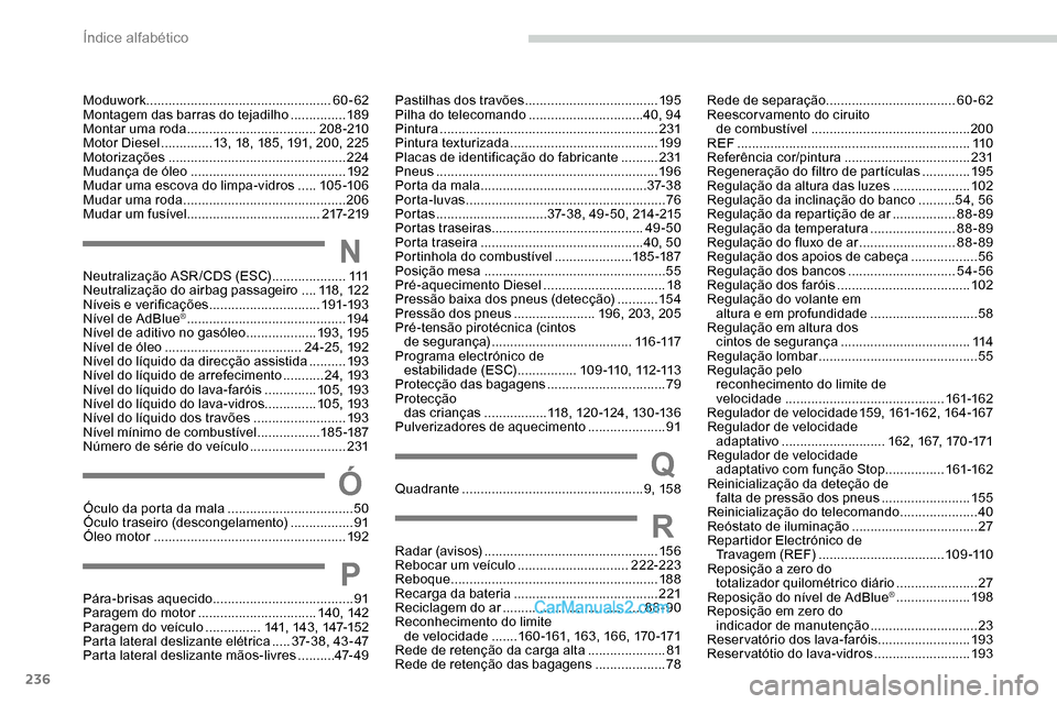 Peugeot Expert 2019  Manual do proprietário (in Portuguese) 236
Moduwork.................................................. 60-62
Montagem das barras do tejadilho  ...............189
Montar uma roda
  ................................... 208 -210
Motor Diesel
 
