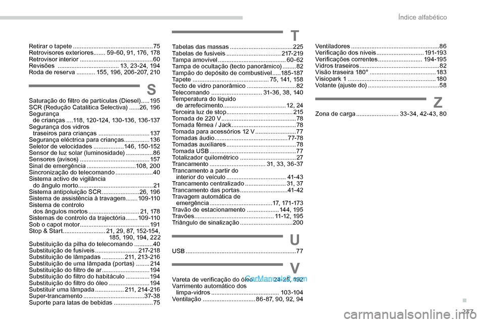Peugeot Expert 2019  Manual do proprietário (in Portuguese) 237
Retirar o tapete ............................................... 75
Retrovisores exteriores  .......59 - 60, 91, 176, 178
Retrovisor interior
 

........................................... 60
Revi
