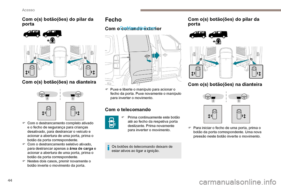Peugeot Expert 2019 Manual do proprietário (in Portuguese) 44
Com o(s) botão(ões) do pilar da
porta
Com o(s) botão(ões) na dianteira
F Com o destrancamento completo ativado e o fecho de segurança para crianças
desativado, para destrancar o veículo e Peugeot Expert 2019 Manual do proprietário (in Portuguese) 44
Com o(s) botão(ões) do pilar da
porta
Com o(s) botão(ões) na dianteira
F Com o destrancamento completo ativado e o fecho de segurança para crianças
desativado, para destrancar o veículo e