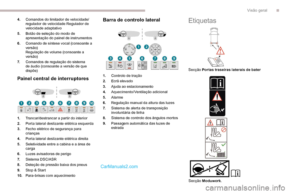 Peugeot Expert 2019  Manual do proprietário (in Portuguese) 5
4.Comandos do limitador de velocidade/
regulador de velocidade Regulador de 
velocidade adaptativo
5. Botão de seleção do modo de 
apresentação do painel de instrumentos
6. Comando de síntese 