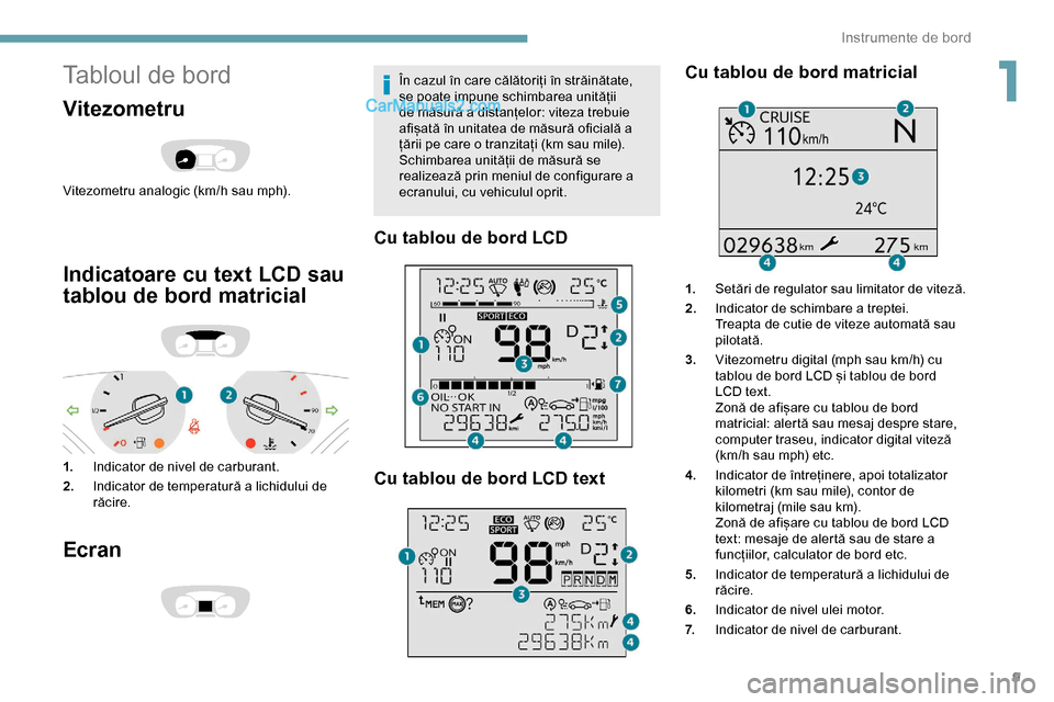 Peugeot Expert 2019  Manualul de utilizare (in Romanian) 9
Tabloul de bord
Vitezometru
Vitezometru analogic (km/h sau mph).
Indicatoare cu text LCD sau 
tablou de bord matricial
1.Indicator de nivel de carburant.
2. Indicator de temperatură a lichidului de