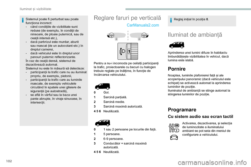 Peugeot Expert 2019 Manualul de utilizare (in Romanian) 102
Iluminat de ambianță
Aprinderea unei lumini difuze în habitaclu
îmbunătățește vizibilitatea în vehicul, dacă
lumina este slabă.
Pornire
Noaptea, luminile plafonierei față și ale
a Peugeot Expert 2019 Manualul de utilizare (in Romanian) 102
Iluminat de ambianță
Aprinderea unei lumini difuze în habitaclu
îmbunătățește vizibilitatea în vehicul, dacă
lumina este slabă.
Pornire
Noaptea, luminile plafonierei față și ale
a