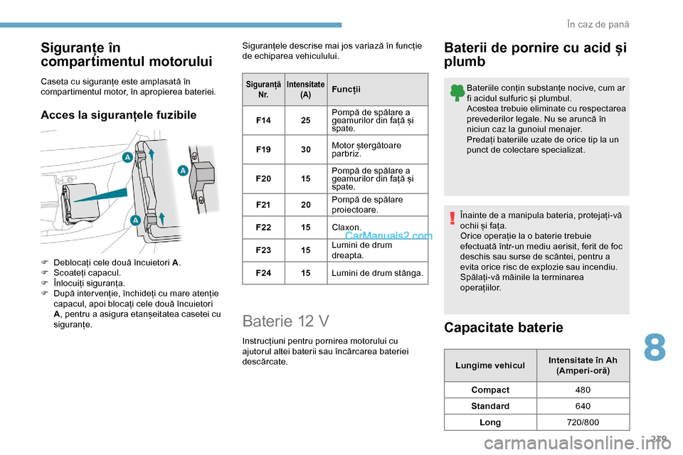 Peugeot Expert 2019  Manualul de utilizare (in Romanian) 219
Siguranțe în 
compartimentul motorului
Caseta cu siguranțe este amplasată în 
compartimentul motor, în apropierea bateriei.
Acces la siguranțele fuzibile
F Deblocați cele două încuietori