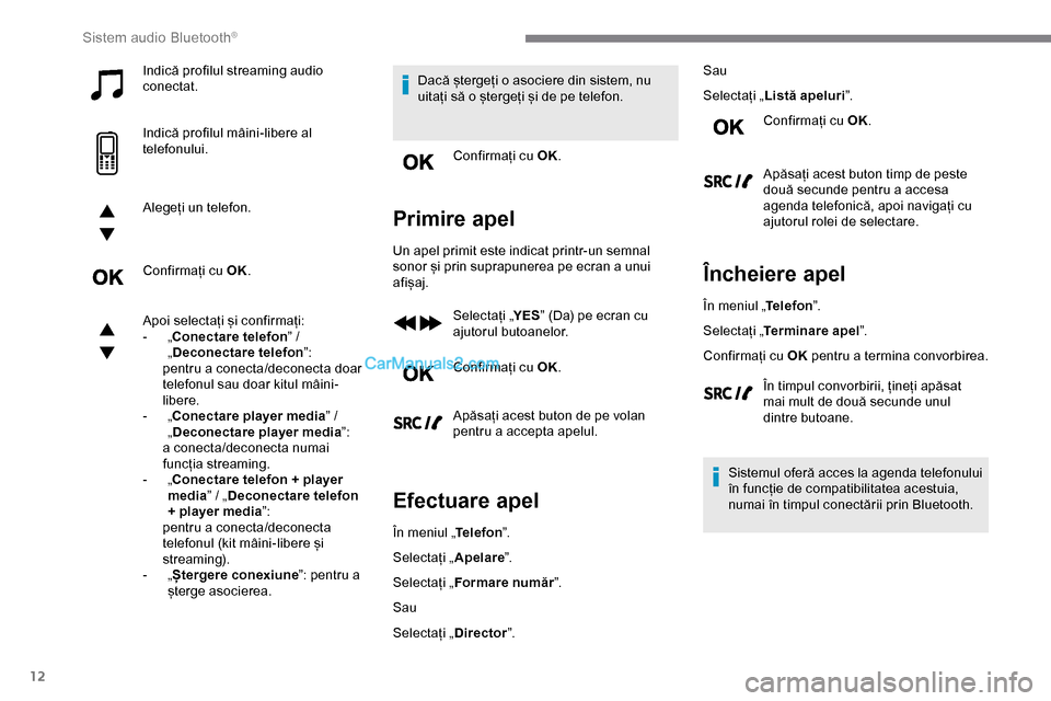 Peugeot Expert 2019 Manualul de utilizare (in Romanian) 12
Indică profilul streaming audio
conectat.
Indică profilul mâini-libere al
telefonului.
Alegeți un telefon.
Confirmați cu OK.
Apoi selectați și confirmați:
-
„
Conectare telefon ” / Peugeot Expert 2019 Manualul de utilizare (in Romanian) 12
Indică profilul streaming audio
conectat.
Indică profilul mâini-libere al
telefonului.
Alegeți un telefon.
Confirmați cu OK.
Apoi selectați și confirmați:
-
„
Conectare telefon ” /