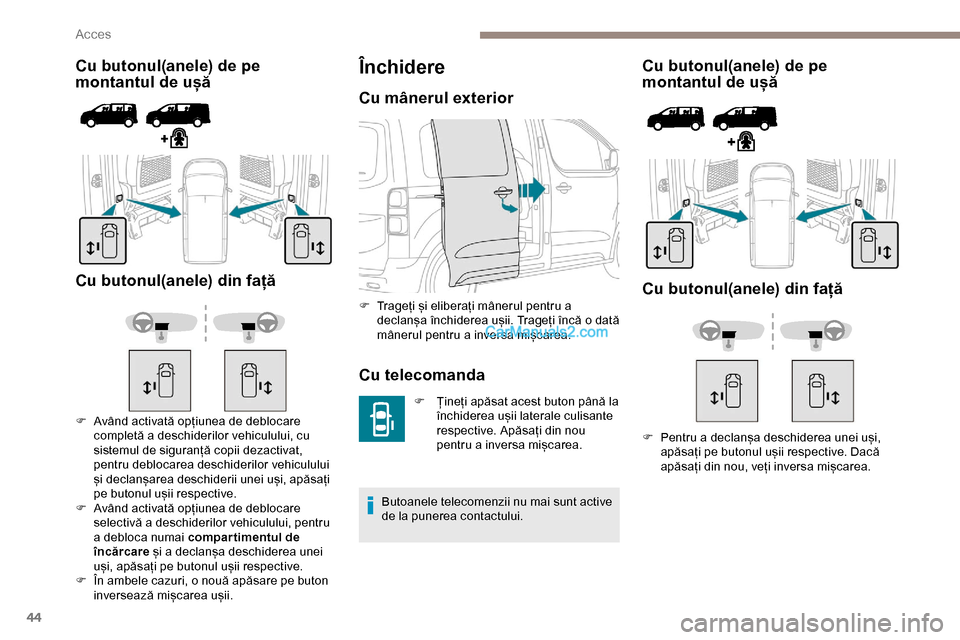 Peugeot Expert 2019 Manualul de utilizare (in Romanian) 44
Cu butonul(anele) de pe
montantul de ușă
Cu butonul(anele) din față
F Având activată opțiunea de deblocare completă a deschiderilor vehiculului, cu
sistemul de siguranță copii dezactiv Peugeot Expert 2019 Manualul de utilizare (in Romanian) 44
Cu butonul(anele) de pe
montantul de ușă
Cu butonul(anele) din față
F Având activată opțiunea de deblocare completă a deschiderilor vehiculului, cu
sistemul de siguranță copii dezactiv