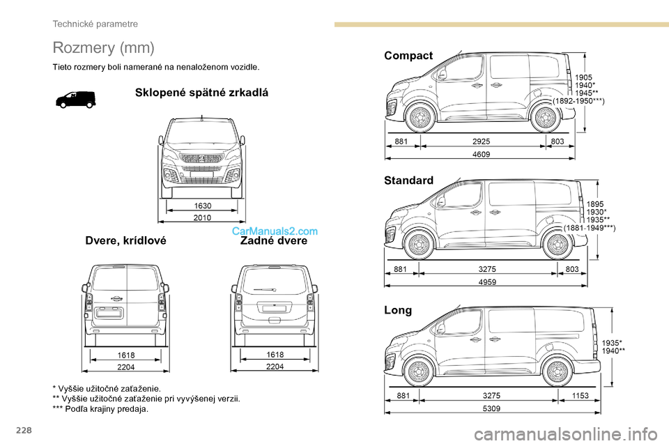Peugeot Expert 2019  Užívateľská príručka (in Slovak) 228
Rozmery (mm)
Tieto rozmery boli namerané na nenaloženom vozidle.
Sklopené spätné zrkadlá
Dvere, krídlové Zadné dvereCompact
Standard
Long
* Vyššie užitočné zaťaženie.
** Vyššie u