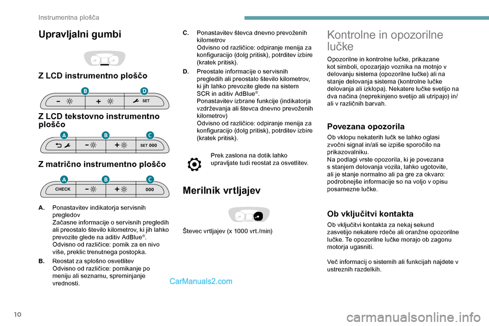 Peugeot Expert 2019 Priročnik za lastnika (in Slovenian) 10
Upravljalni gumbi
Z LCD instrumentno ploščo
Z LCD tekstovno instrumentno
ploščo
Z matrično instrumentno ploščo
C.Ponastavitev števca dnevno prevoženih k
ilometrov
Odvisno
od ra Peugeot Expert 2019 Priročnik za lastnika (in Slovenian) 10
Upravljalni gumbi
Z LCD instrumentno ploščo
Z LCD tekstovno instrumentno
ploščo
Z matrično instrumentno ploščo
C.Ponastavitev števca dnevno prevoženih k
ilometrov
Odvisno
od ra