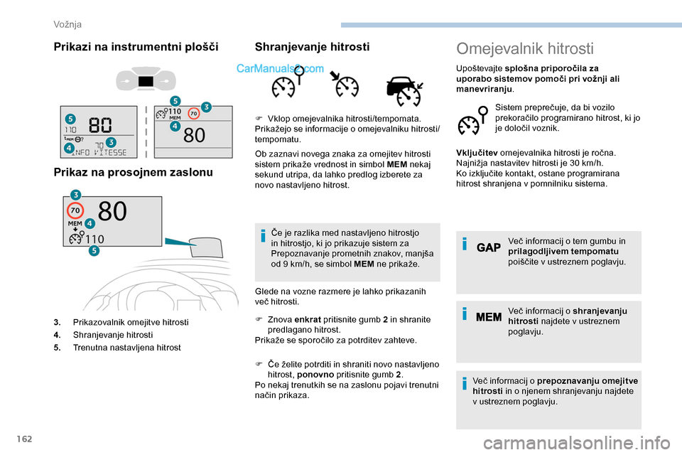 Peugeot Expert 2019  Priročnik za lastnika (in Slovenian) 162
Prikazi na instrumentni plošči
Prikaz na prosojnem zaslonu
3.Prikazovalnik omejitve hitrosti
4. Shranjevanje hitrosti
5. Trenutna nastavljena hitrost
Shranjevanje hitrosti
Ob zaznavi novega znak