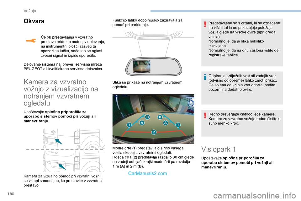 Peugeot Expert 2019 Priročnik za lastnika (in Slovenian) 180
Okvara
Kamera za vzvratno
vožnjo z vizualizacijo na
n
otranjem vzvratnem
ogledalu
Upoštevajte s plošna priporočila za
uporabo sistemov pomoči pri vožnji ali
manevriranju .
Kamera Peugeot Expert 2019 Priročnik za lastnika (in Slovenian) 180
Okvara
Kamera za vzvratno
vožnjo z vizualizacijo na
n
otranjem vzvratnem
ogledalu
Upoštevajte s plošna priporočila za
uporabo sistemov pomoči pri vožnji ali
manevriranju .
Kamera
