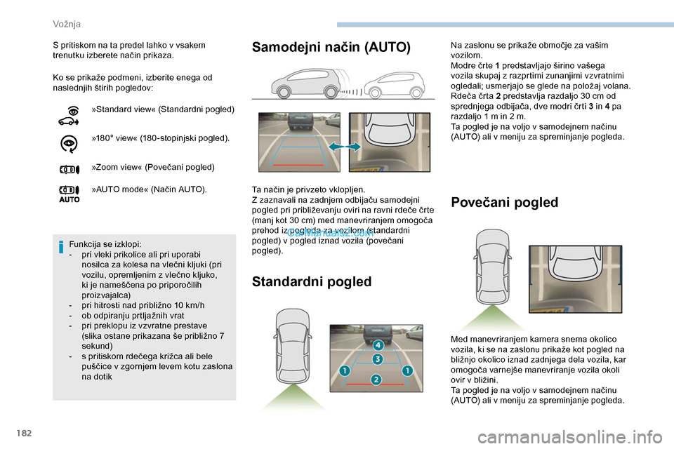 Peugeot Expert 2019 Priročnik za lastnika (in Slovenian) 182
Ko se prikaže podmeni, izberite enega od naslednjih štirih pogledov:
S pritiskom na ta predel lahko v vsakem
trenutku
izberete način prikaza.
»Standard view« (Standardni pogl Peugeot Expert 2019 Priročnik za lastnika (in Slovenian) 182
Ko se prikaže podmeni, izberite enega od naslednjih štirih pogledov:
S pritiskom na ta predel lahko v vsakem
trenutku
izberete način prikaza.
»Standard view« (Standardni pogl
