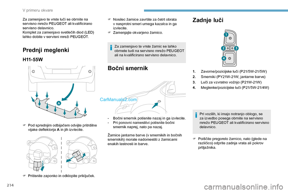 Peugeot Expert 2019  Priročnik za lastnika (in Slovenian) 214
Za	zamenjavo	te	vrste	luči	se	obrnite	na	ser visno 	 mrežo 	 PEUGEOT 	 ali 	 kvalificirano 	
s

ervisno delavnico.
Komplet
	 za 	 zamenjavo 	 svetlečih 	 diod 	 (LED) 	
l

ahko 	 dobite 	 v 	 s